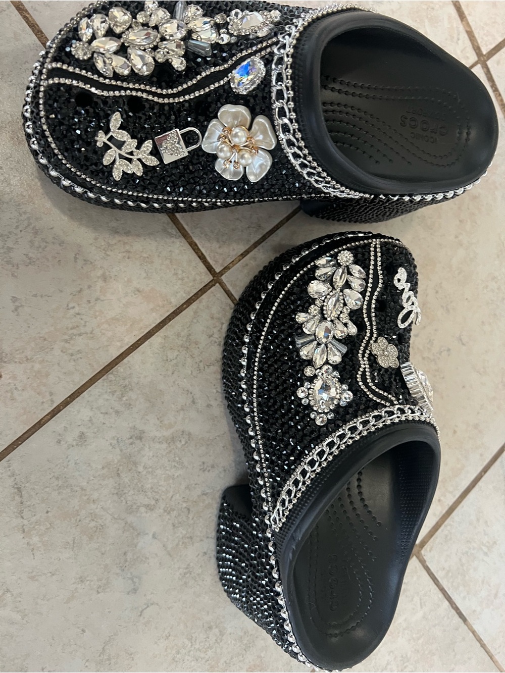 Custom CROCS Black Crystal-Embellished Platform Clogs with Chain & Pearl Accents - Picture 2 of 2